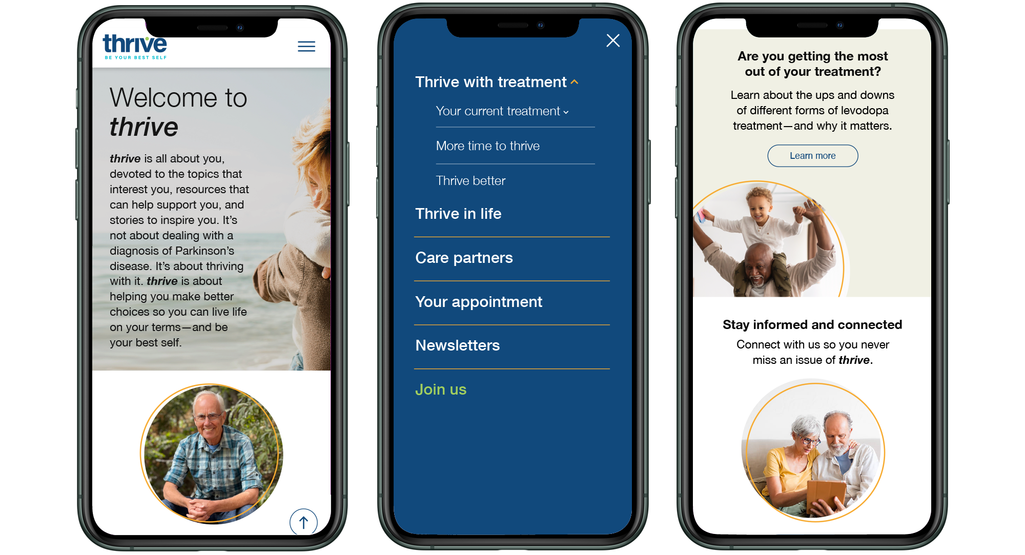 Three screens of a phone with the text, thrive with treatment.